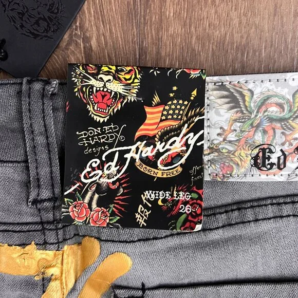 NEW Ed Hardy Tattoo Embroidered Wide Leg Gray Jeans Sz 26